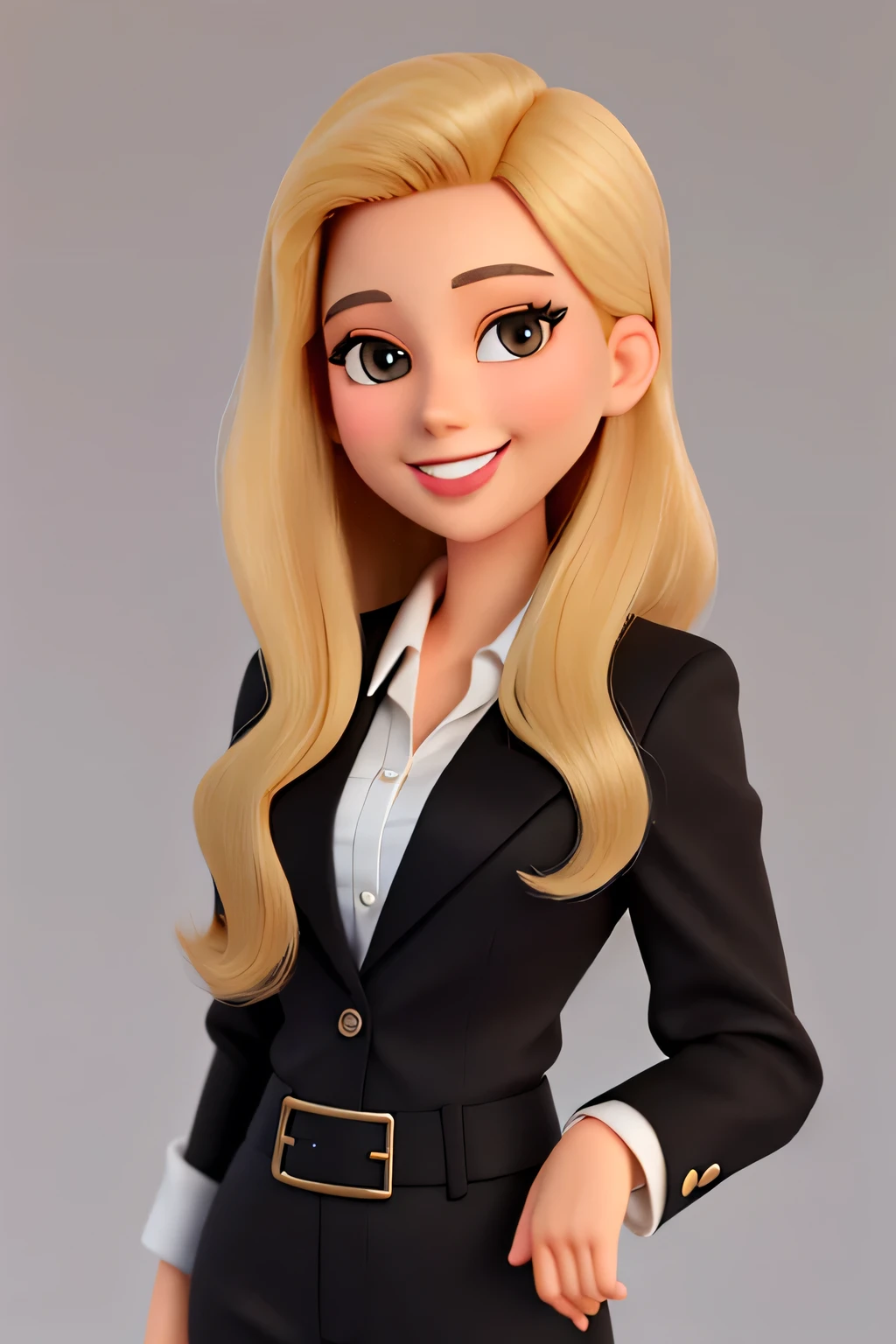25-year-old Disney-style blonde woman, 5 fingers on hands, brown eyes thin face, big lips, smiling and looking at the camera, black blazer and well-groomed, brown eyes, showing only from the waist up, image without background, All black blazer with white inside blouse, no other colors.