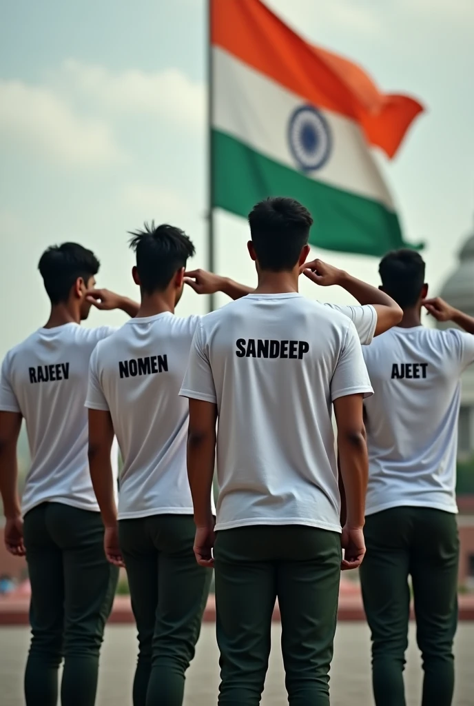 Rajeev,Nomen,Sandeep and Ajeet  salute the Indian flag  and their,s name printed on t shirt back 