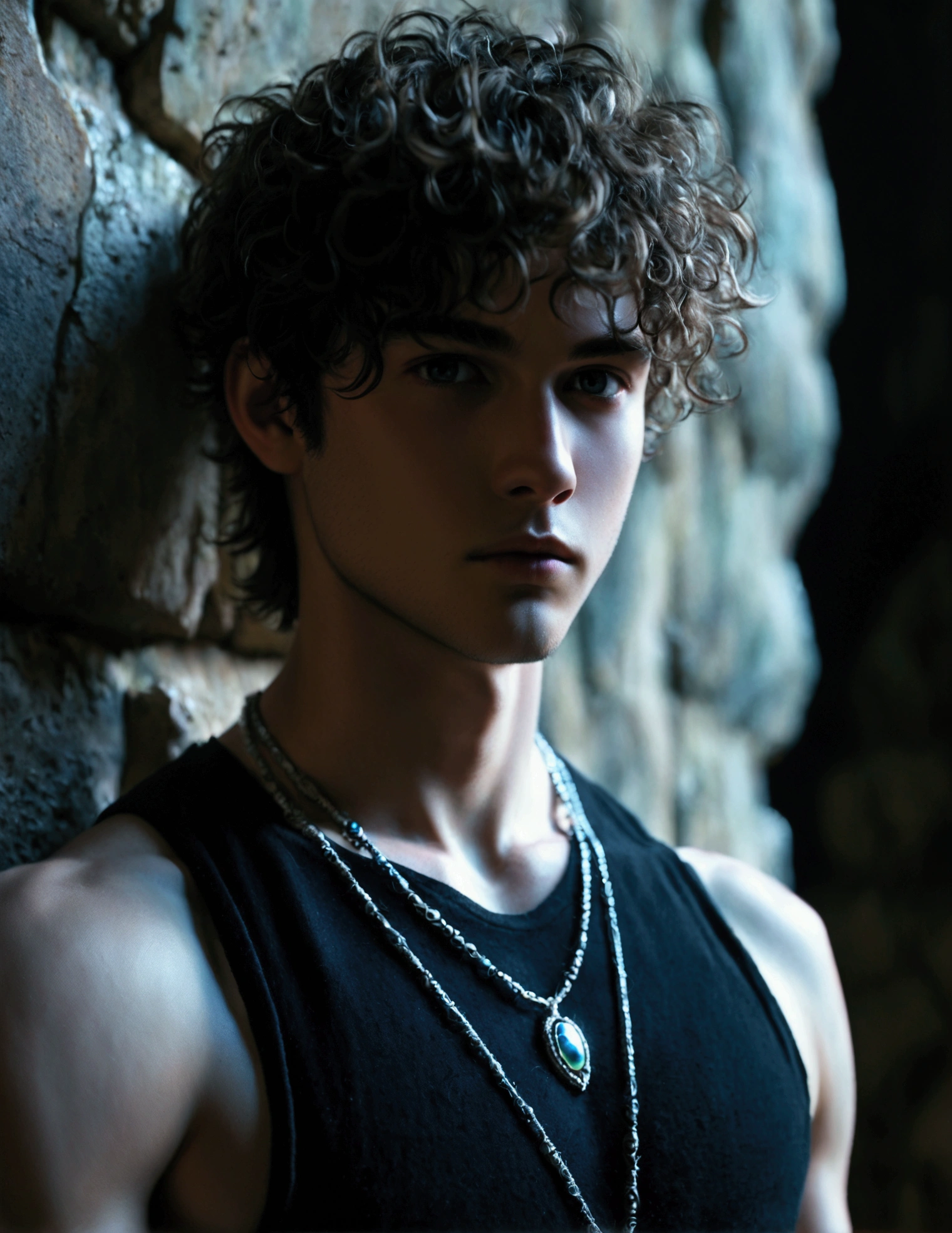 Highly detailed, 4K, high-contrast photograph of a young man with fair skin, fine features, and curly, light hair, rendered in anime art style. He is leaning against a worn, ancient stone wall, his head tilted slightly down and to the side, casting dramatic shadows across his face. The subject wears a black, ornate sleeveless shirt with intricate detailing and a silver necklace with a rectangular, intricately designed pendant. The lighting is moody and atmospheric, with bright, colorful reflections and highlights on his skin and clothing, adding a dynamic, artistic element to the image. The overall mood is dark, mysterious, and hauntingly beautiful.