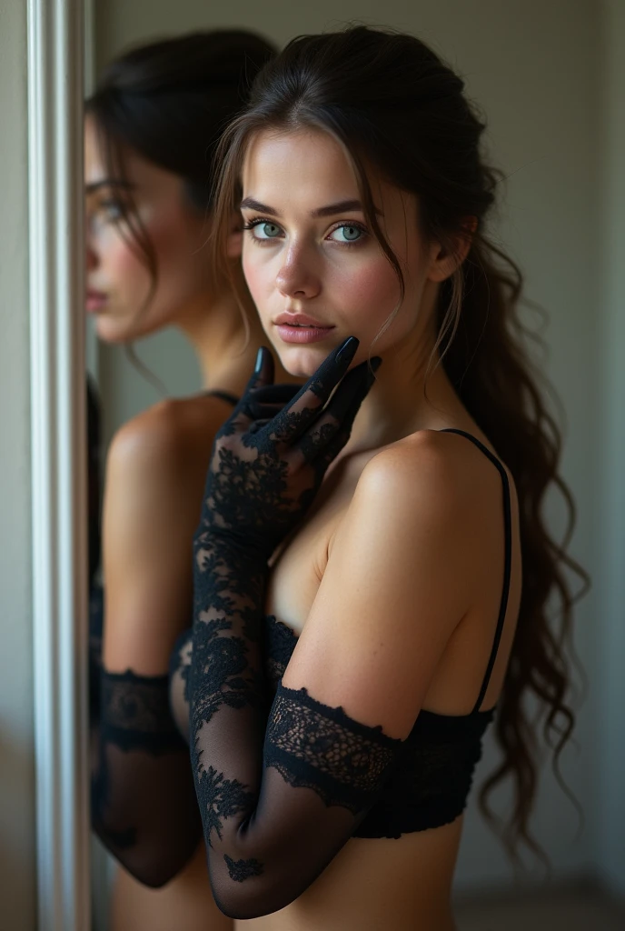 dark brown hair、pulled back ponytail、teaing smile、 she wears lingerie.、black pantyhose、Wearing black lace gloves、adult german woman、blue eyes、showing her pantyhose、leaning against mirror、young german woman、 she has ocean blue eyes.、