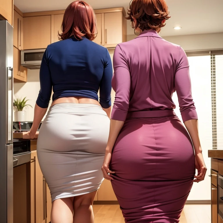 ((thick body mature women age 40 American milf super model)) 2women, walking into kitchen wearing shirt and blouse, back view, lift skirt show panties to viewer, 