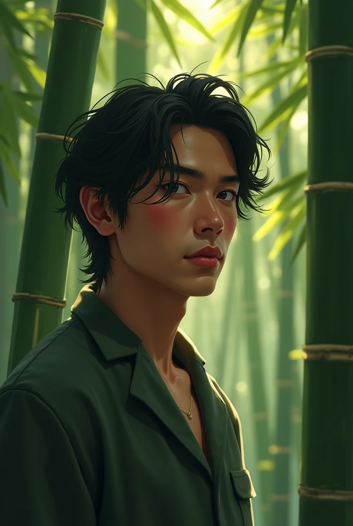 A 35-year-old man with a bit of Japanese and Brazilian descent, show only from the bust up to the face, flushed, medium length hair, parted, slightly messy, in the midst of a bamboo grove dreamhsaper