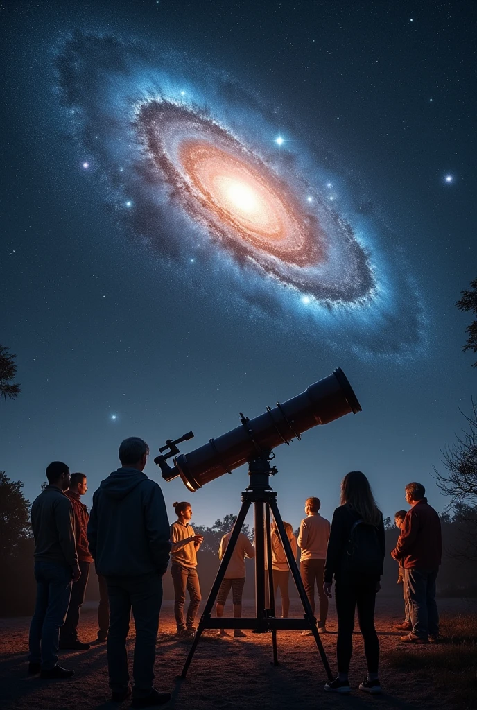 An impressive real photograph of humanity happily appreciating the beauty of a spiral galaxy through a telescope