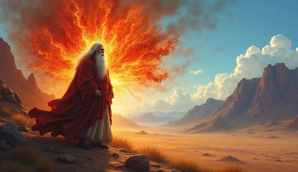 moisés, an elderly man with white hair and beard, is standing before a burning bush, that shines brightly in shades of red and orange. The background is an arid desert, with mountains in the distance under a blue sky. The scene conveys a sense of awe and discovery.
