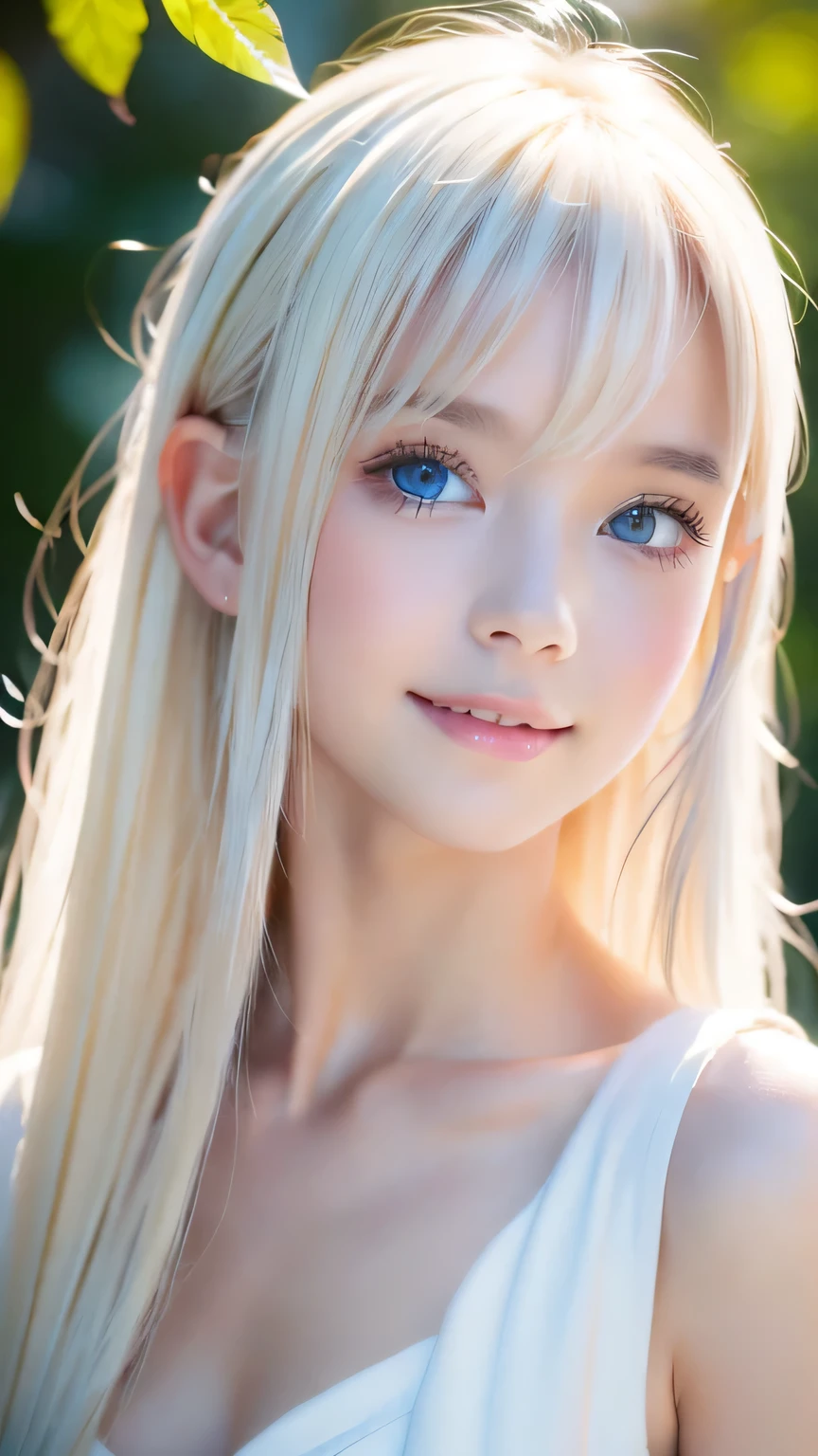 RAW Photos、(((A portrait of extreme beauty)))、((Radiant white beautiful skin))、1 person、A cute, child-faced, beautiful Nordic girl、((Glossy bright platinum blonde hair))、Cute clothes、Bangs that fall over the face、[Attractive, whitish, very light blue eyes]、Super long straight silky hair、eyeliner、Beautiful Bangs、Hair between the eyes、Fluttering Hair、smile、((masterpiece、最high quality、Super detailed、Film Light、Intricate details、High resolution、8k、Very detailed))、Detailed Background、8K  UHD、Digital SLR、Soft light、high quality、Film Grain、Fujifilm XT3 、Shallow depth of field、Natural light、（Perfect hands）、Small Face Beauty、Round face、Perfect beautiful face、Large Breasts