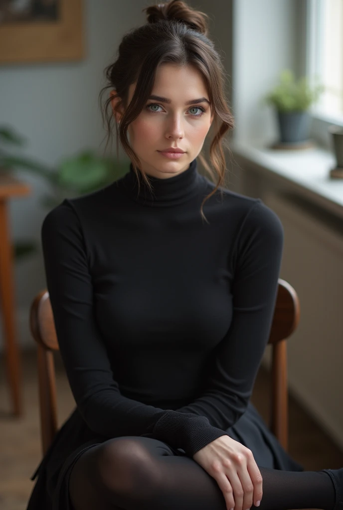 dark brown hair color、short hair、hair pulled back、ponytail、cute face、 she wears a turtleneck and a skirt.、she has blue eyes、black pantyhose、sitting on a chair、crossed legs、wearing black knee high boots、adult german woman、full body portrait、indoor.、