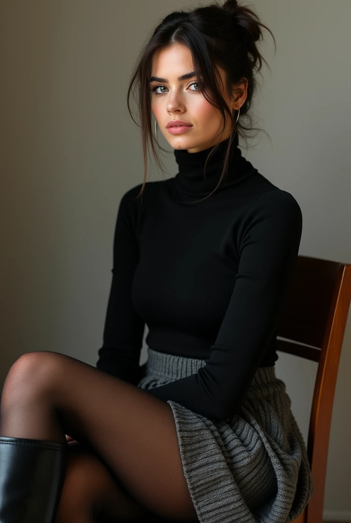 dark brown hair color、short hair、hair pulled back、ponytail、cute face、 she wears a turtleneck and a skirt.、she has blue eyes、black pantyhose、sitting on a chair、crossed legs、wearing black knee high boots、adult german woman、full body portrait、indoor.、