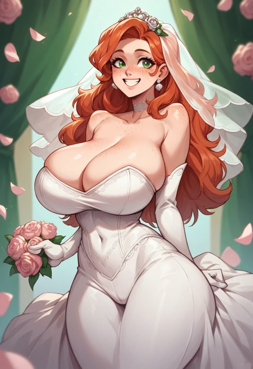 Masterpiece, 1 girl, redhead, huge breasts, wide hips, freckles, green eyes, big breasts, round ass, wedding dress, slutty, smile, joyful, cute face, flirting