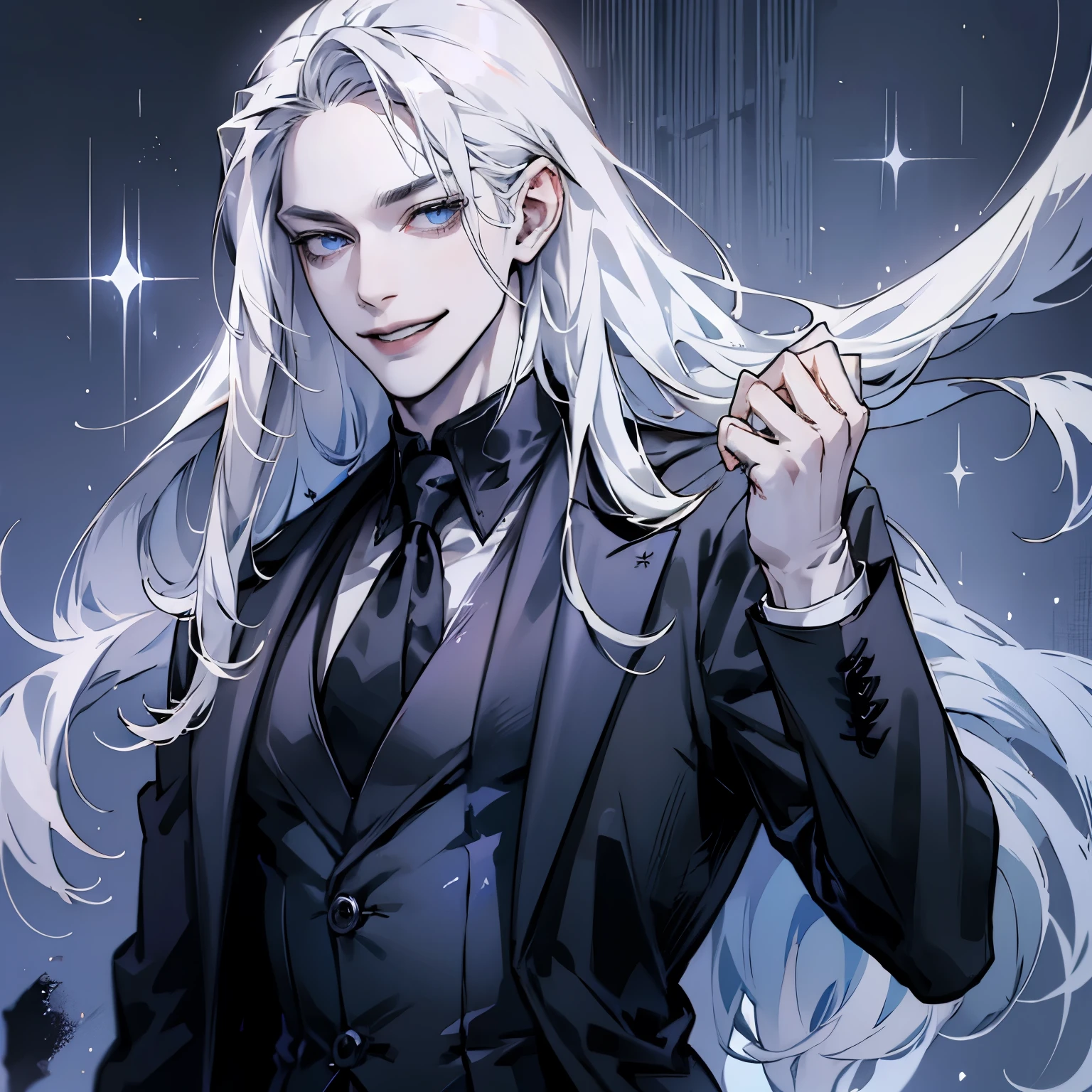 Man with long white hair, pale skin, grey-blue eyes, long dark gray coat, white shirt, black gloves, black pant, black vest, black necktie, Sadistic smile, white porcelain mask in hands, Plain background