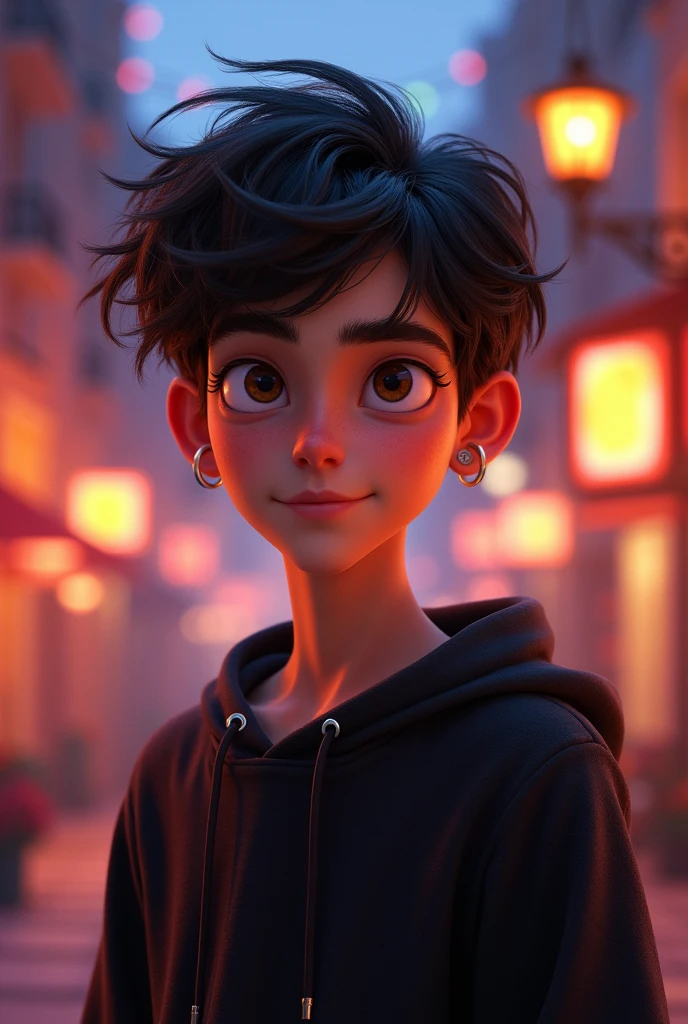 Disney Pixar Character, naughty man, age 20 years, small hoop earring in the ears, shorth hair, Does not have a beard, dark haired, dark shaped eyes, wearing a black sweatshirt.
