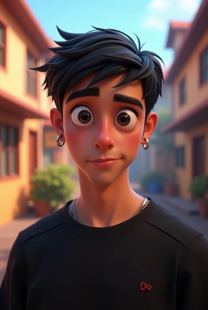 Disney Pixar Character, naughty man, age 20 years, small hoop earring in the ears, shorth hair, Does not have a beard, dark haired, dark shaped eyes, wearing a black sweatshirt.
