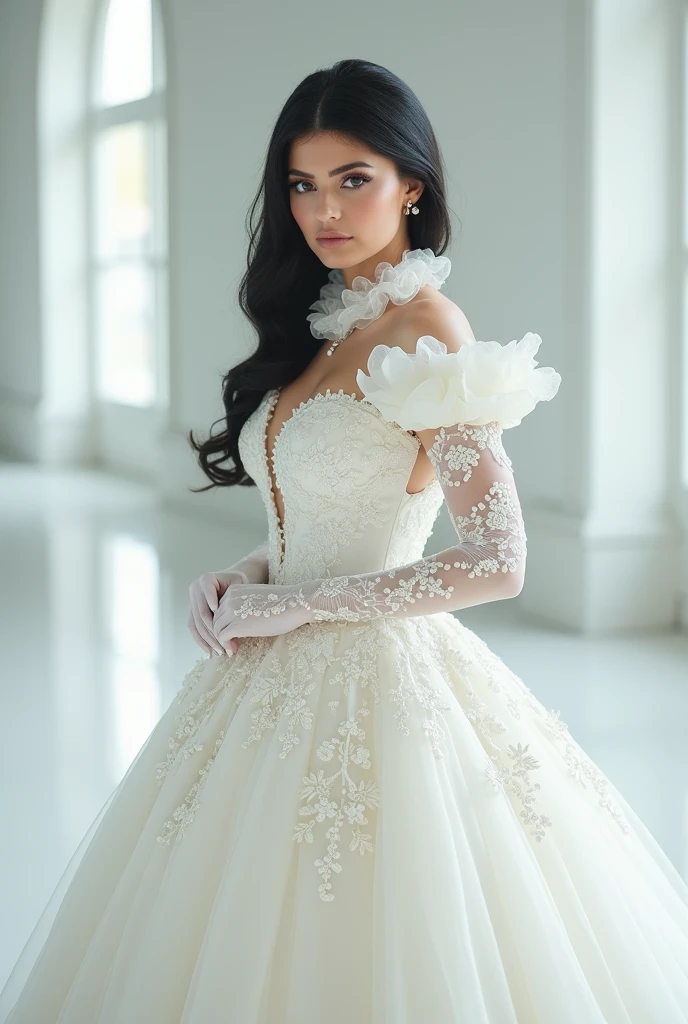 Kylie Jenner wearing a white Victorian dress with pearls 