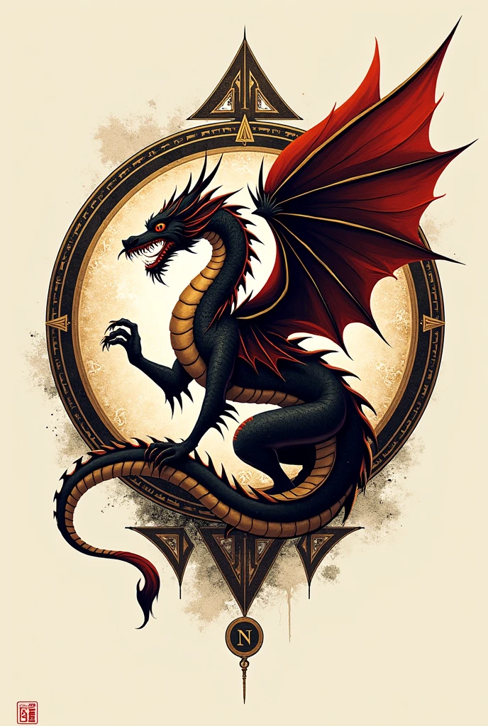 design del Sello Familiar:Central Symbol: Winged Dragon Representation: The dragon symbolizes ancestral power and transformation. It can be stylized to represent both strength and protection.design: Keep the dragon in a style that evokes realistic antiquity, but with a modern touch to suit your current needs. Could be in an attack and defense position, which symbolizes both protection and strength.Initial letter N Location: The initial of your last name, initial N, Can be integrated to denote, style: Use a font that matches the style of the dragon. Should be clear but elegant, Highlighting without dissonance.Symbols of Protection and Blocking of Negative InfluencesElements: You can add additional symbols that represent protection and purification, a triangle or star around the dragon, that symbolizes protective barriers.Details: Consider incorporating elements like protective runes, that it represents protection and balance.Integración de Sabiduría AncestralDetails: Add subtle details that evoke ancestral wisdom, Ancient Symbols. This can include details on the dragon's body, design y styleAntiguo y Moderno: Maintain a balance between a style that evokes the past and modern clarity. This will allow the seal to have a historical resonance but also be functional and relevant in the present.colors: Use colors that symbolize strength and protection, like shades of red, dorado, and black.