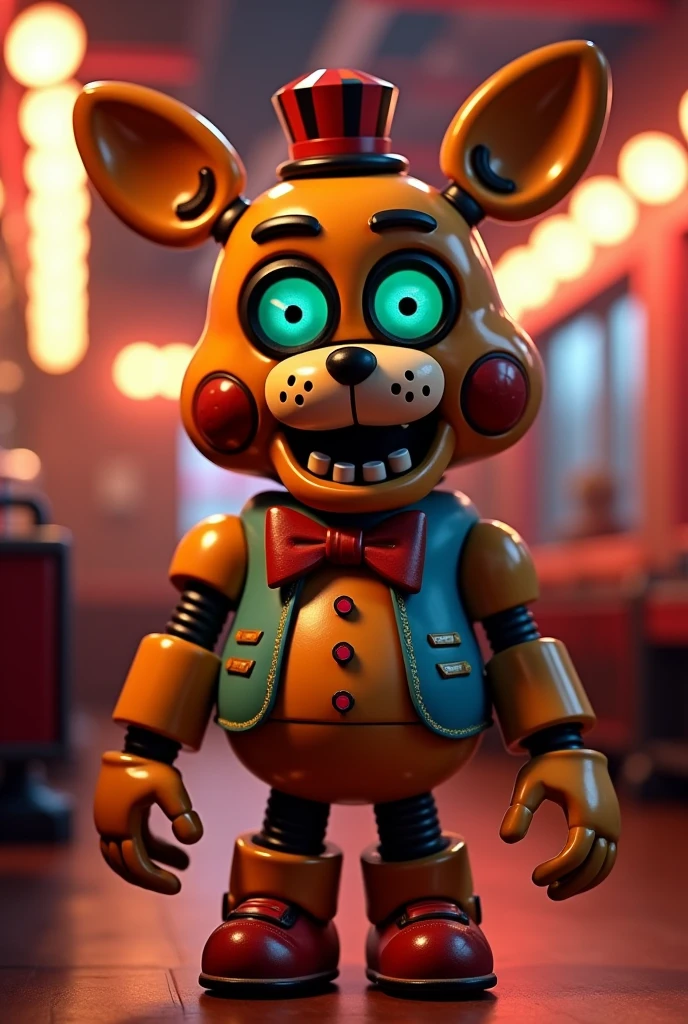 robo fnaf :Larty:
General appearance: Larty has a friendly and inviting appearance, with smooth and well-maintained surfaces. His structure is sturdy, but without the wear and tear that would transform him into Spring Larty.
muka: His face is smiling, with big round eyes that convey sympathy. His eyes could be light in color, like blue or green, with details that make them seem welcoming. His mouth is well-defined, with a wide and welcoming smile.
cos: Larty veste um colete colorido, perhaps in shades of red or blue, with a bow tie or bow tie that adds a cheerful touch to his look. His hands and feet are large and rounded in shape, showing no signs of wear.
detaileds: No mechanical parts are visible, and his appearance is completely intact and well-maintained. Larty could have details such as buttons or stripes on his clothes, that give a touch of fun and joy.
Scenario: Imagine Larty in a cheerful and bright environment, like a colorful pizzeria, or on a stage ready to entertain the audience.