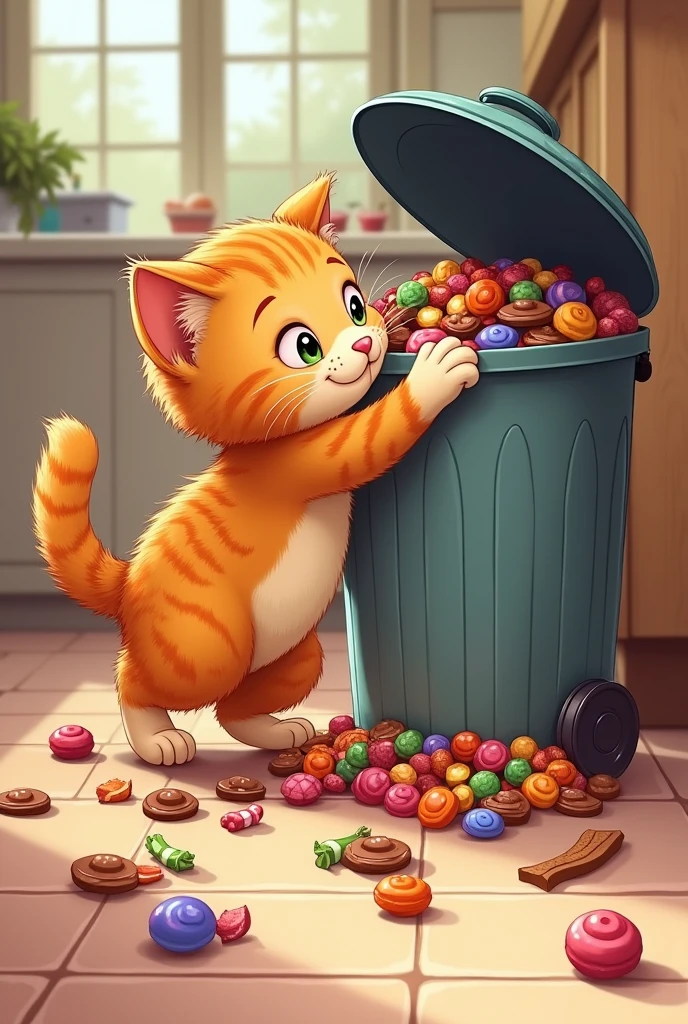 The fat orange kitten throw away the sweets and candy in to the bin in the kitchen : the bin is full of the candy and sweets