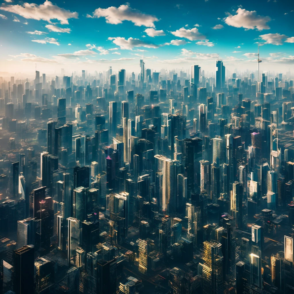 Cyberpunk skyscrapers piercing the high-quality clouds