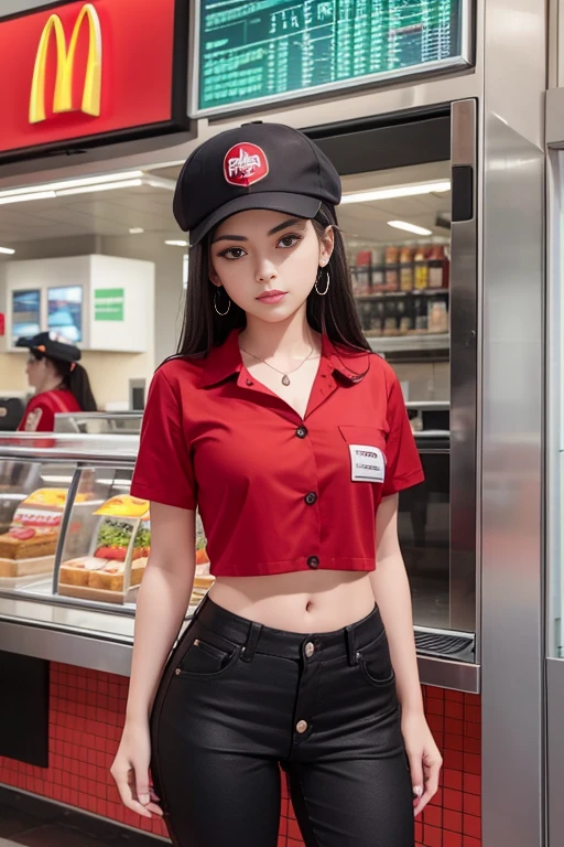 Young Mexican woman in McDonald's uniform, (The button on his red shirt is half undone.), (Black pants with a low cut), A red hat with the McDonald&#39;s logo, Standing behind the counter at McDonald's, Lower chest,