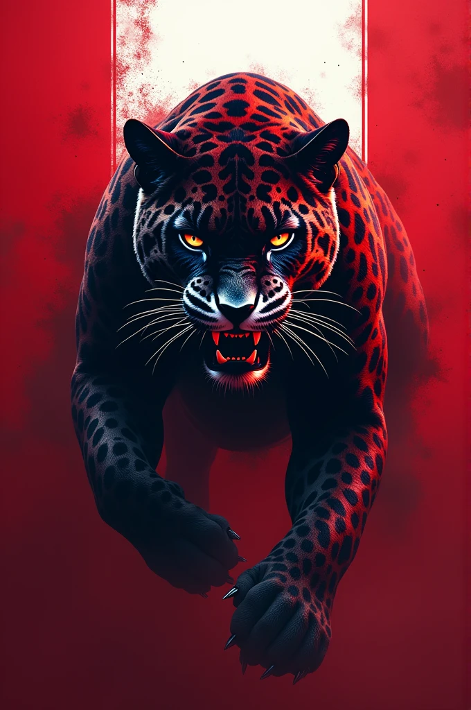 Team jersey with a jaguar drawn with dark eyes and a red and white background.