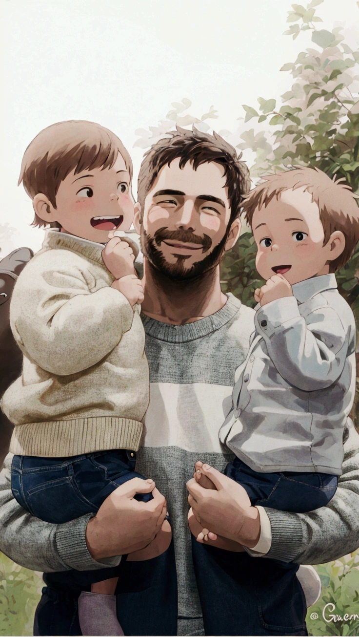 ghibli style, a man holding two small children in his arms, hipster dad, husband wife and son, high quality portrait, owen gent, clean design, family portrait, portrait of family of three, profile picture, happy family, father with child, multiple, having a great time, profile pic, family photo, cool dad vibes, highly disturbing, cute boys, profile image, family friendly, smile