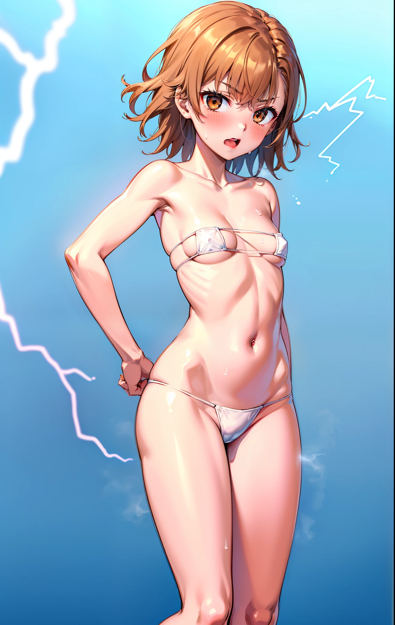 Smooth anime CG art、Focus Only、1 girl、Front view、nude、naked、(((Small breasts)))、(((brown eyes)))、(((sweat)))、Semi-short hair、(((Sweaty)))、Watery eye、blush、(((Embarrassed look)))、((Open your mouth))、(((standing)))、(((simple background)))、spread your legs、(fullbody shot)、(((electricity:1.4)))、(((eyepatch bikini)))、(((white bikini)))