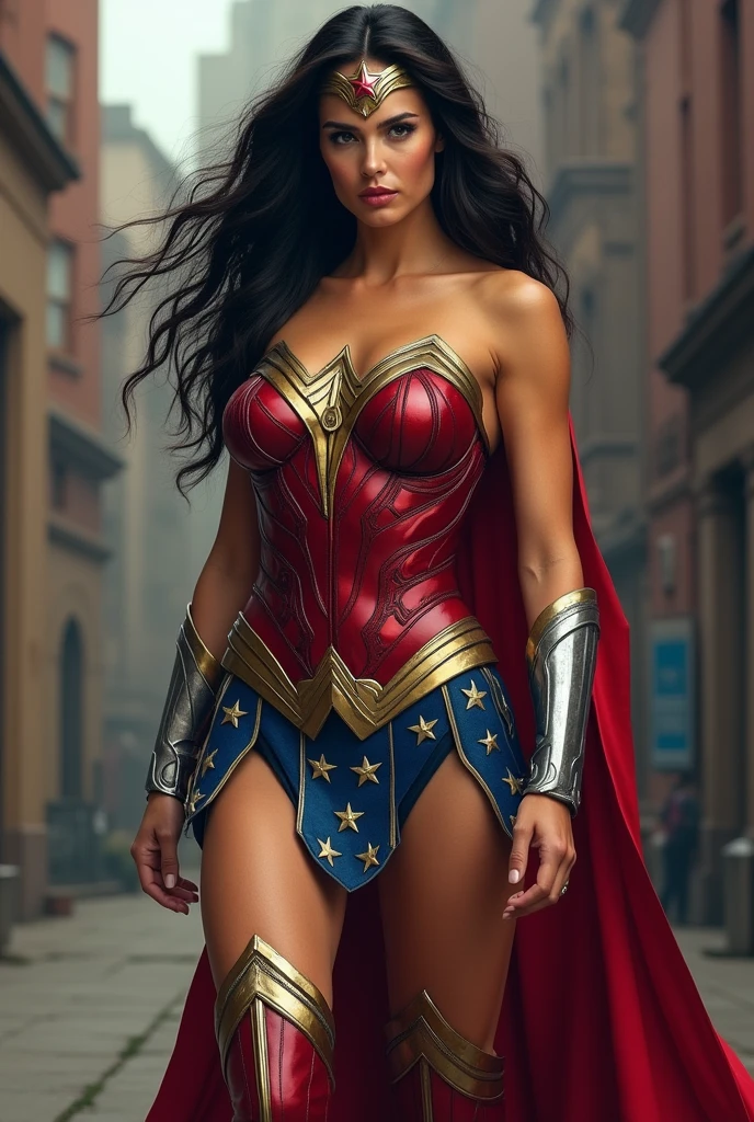 (((Adriana Lima under the mantle of the Amazon warrior Wonder Woman long black hair (((Red corset suit and blue leggings with stars))),(((Red boots))) Wonder Woman diaema on her forehead Justice League DC Universe)))