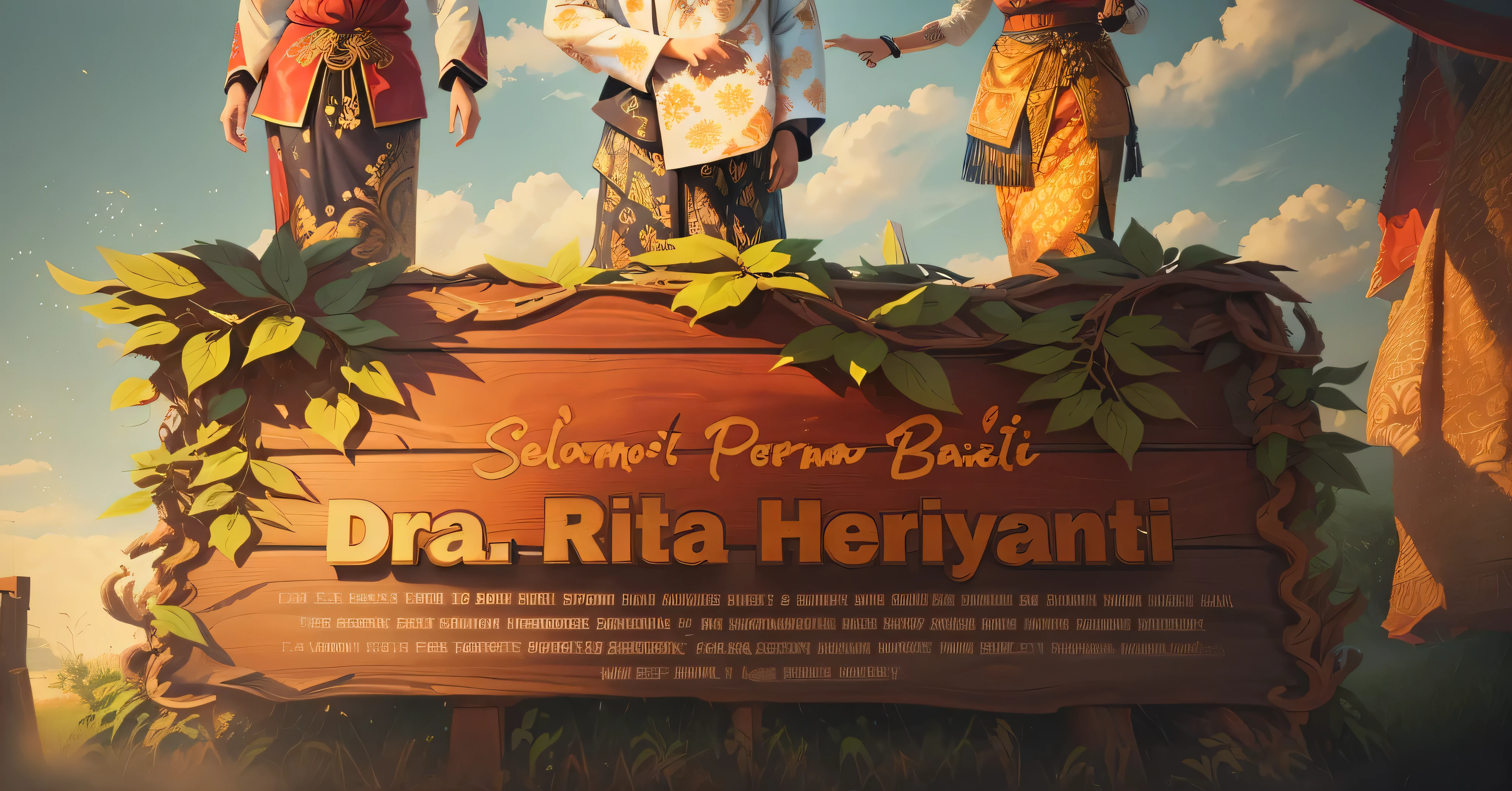 there are three people standing in front of a sign Wooden board with a picture of them, ‘raya and the last dragon’ etc, batik, barong family, banner, trending on devian art, sumatraism, dital painting, digital ilustration, website banner, digital banner, inspired by Oton Gliha, splash page, inspired by Erik Pevernagie