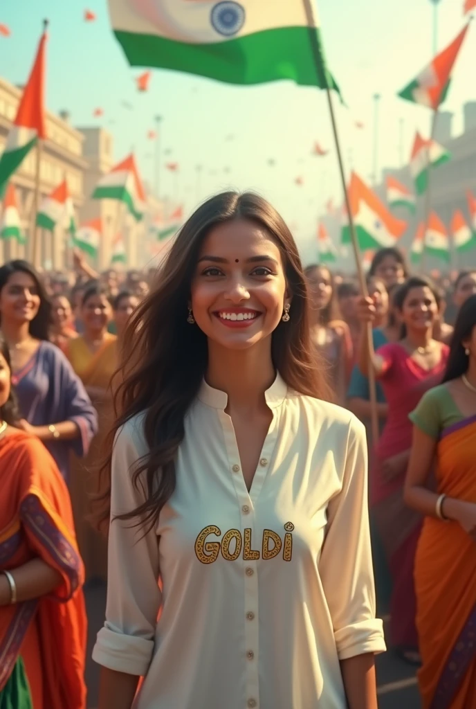 A real 20-year-old girl celebrates Indian Independence Day. she is wearing white kurti outfits with the name "GOLDI" written on her attire. Above her, in the sky, the words "Happy Independence Day" are displayed in a bold font. The backdrop is filled with people celebrating, enhancing the festive and patriotic spirit of the day