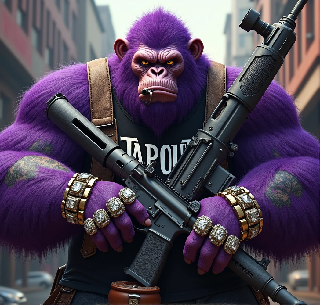 Purple Ape, With giant and high-caliber weapons, with Tapout brand t-shirt, tattooed, with huge diamond and gold rings, smoking with a pipe