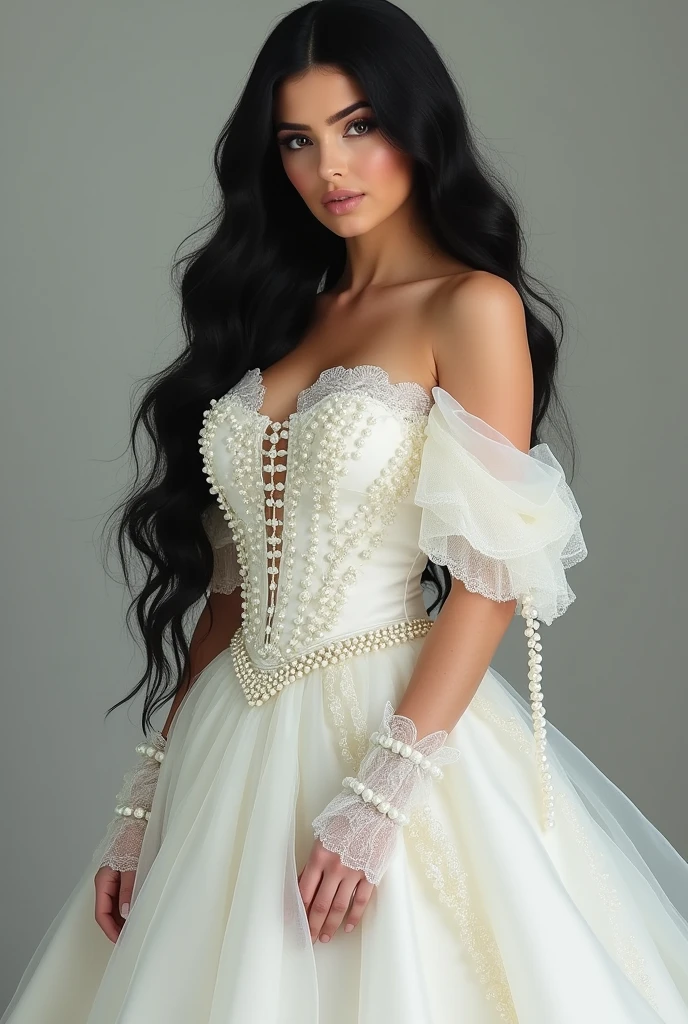 Kylie Jenner wearing a white Victorian dress with pearls