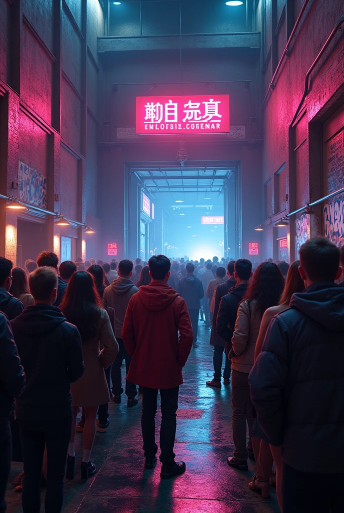 a line of people waiting to get into a club at a warehouse door