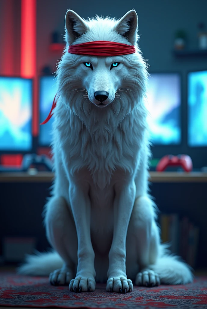 A white wolf with blue eyes, wearing a red headband across its head like a ninja, and in the background, a gamer's room.