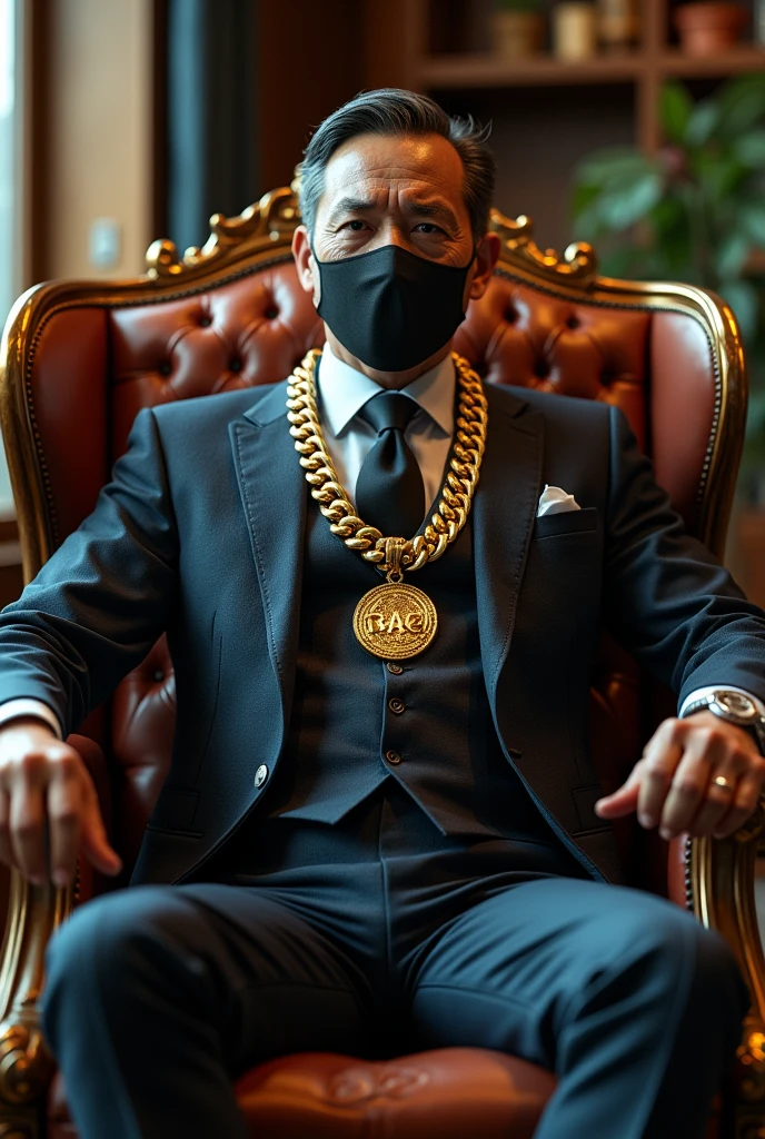 Create an image of the character Mask with a rich boss posture in a suit sitting in a chair in an office with a gold chain inscribed with Rael in all capital letters.