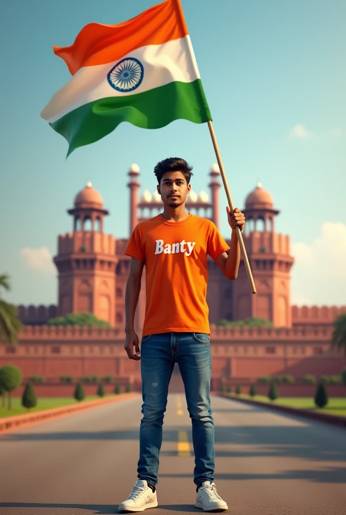 A real 18years old boy, Wearing Orange T shirt blue jeans sneakers and the name “Banty ” is written on his t-shirt and the boy is standing on the road with holding a national flag of India, and behind him is the Red Fort Delhi. And written on sky “Independence Day” Create Realistic image high quality