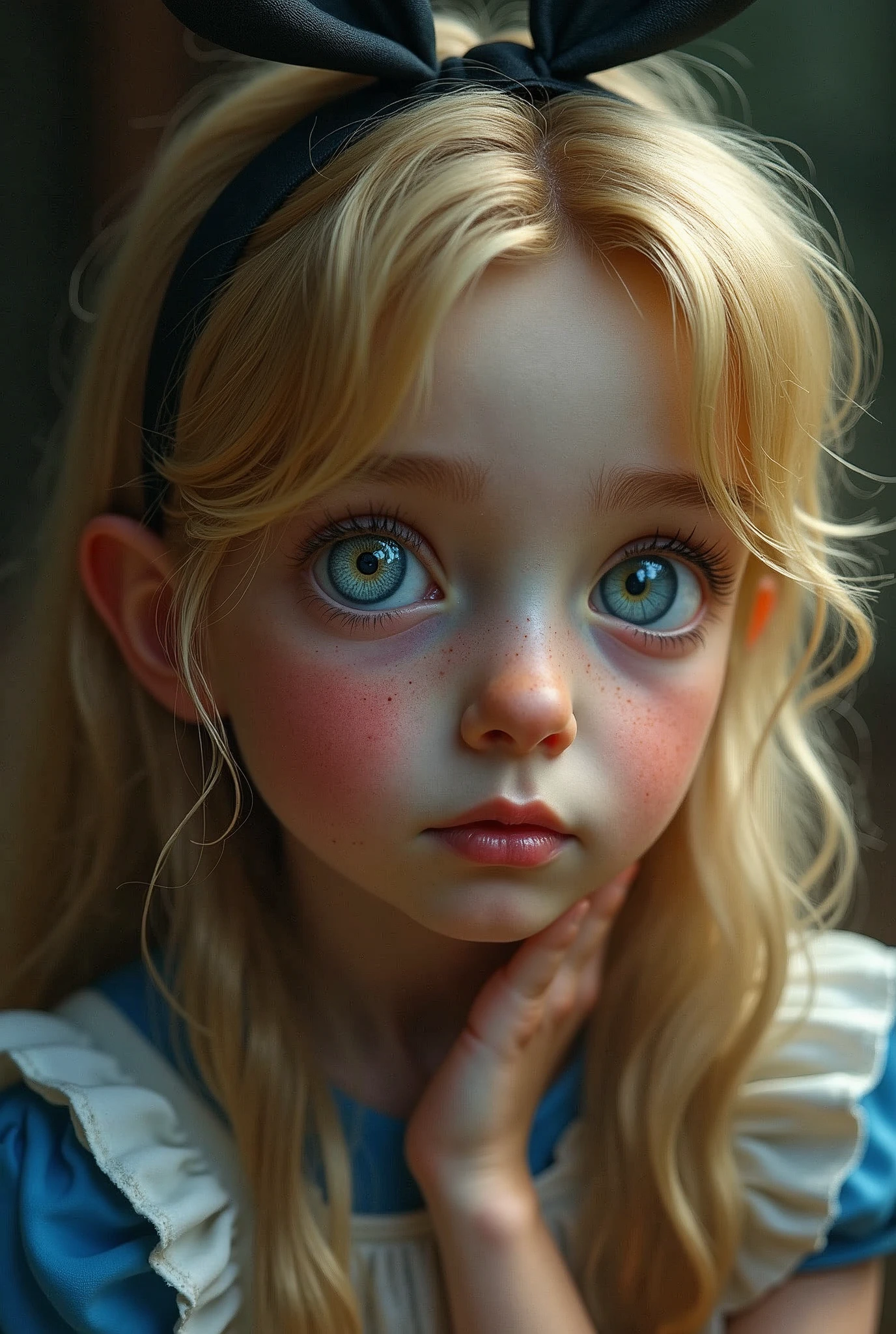 Create a close-up portrait of Alice from 'Alice in Wonderland,' capturing a moment of deep contemplation. Her expression should be one of curiosity mixed with a hint of uncertainty, as if she is pondering profound questions about reality and her place in it. Her large eyes should be wide, reflecting the surreal world around her—perhaps with hints of distorted images like the Cheshire Cat's grin, a clock, or the winding paths of the Wonderland forest. The lighting should be soft yet dramatic, casting gentle shadows that emphasize the depth of her thoughts. Her hair can be slightly tousled, as if she’s been on a long journey, and her iconic headband should be present, perhaps slightly askew, adding to the sense of her being lost in thought. The color palette should be a mix of soft pastels with darker, more introspective tones, creating a balance between innocence and the complexity of her thoughts.