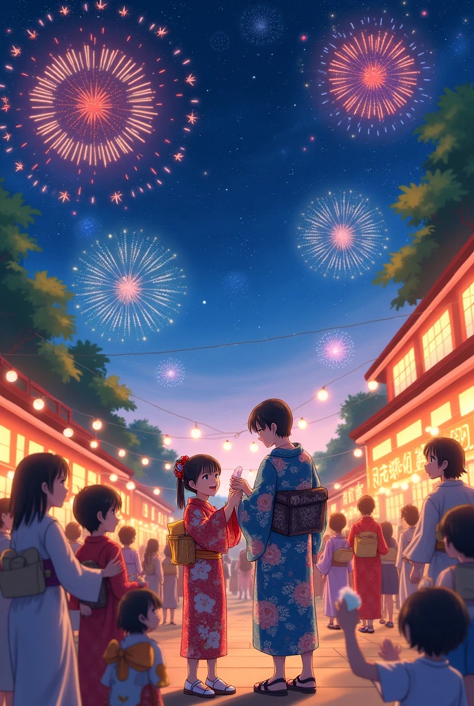 grass、festival、Children and adults、Smiling Kimono、starry night、Night Sky、、Lively Fireworks、shaved ice、Romantic Light