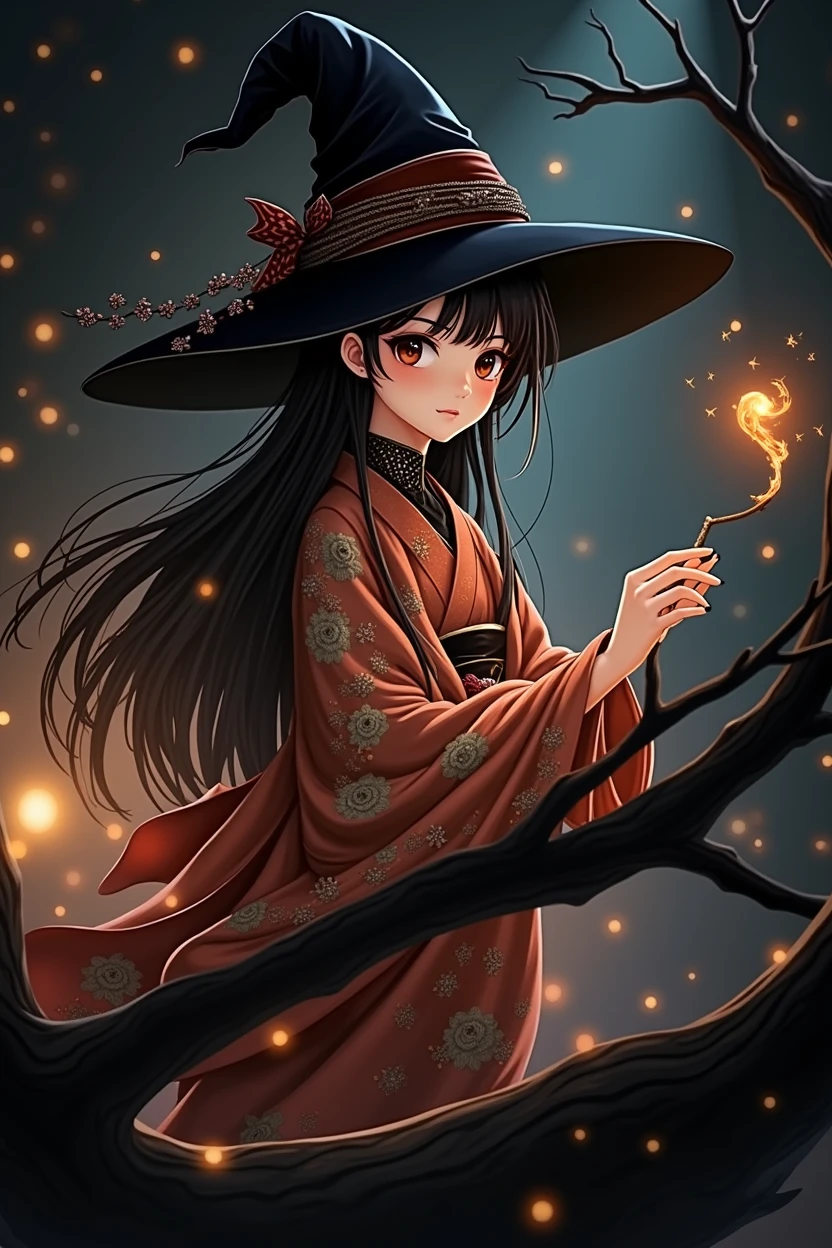 A young Japanese witch with black hair wearing a pointy witch hat and a witch dress mixed with a kimono.