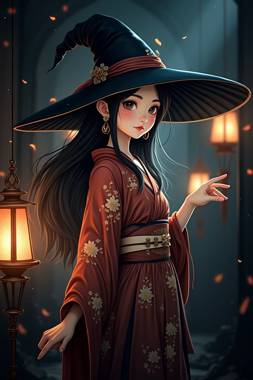 A young Japanese witch with black hair wearing a pointy witch hat and a witch dress mixed with a kimono.