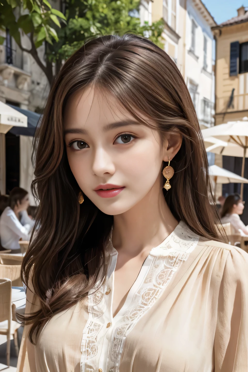 masterpiece, Highest quality, Realistic, Very detailed, Finer details, High resolution, 8k wallpaper, One beautiful woman,Wear a nice blouse, On the terrace of a lovely cafe, at noon, Light brown messy hair, Perfect dynamic composition, Beautiful and beautiful eyes、Big earrings、