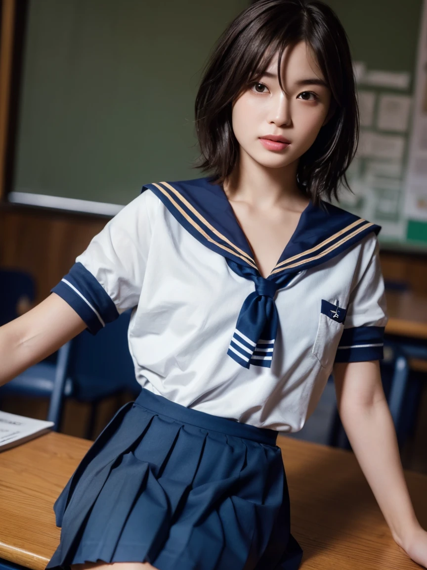 (masterpiece:1.2), Very detailed, Ultra-high resolution, (Realistic, photo Realistic:1.6), High-resolution RAW color photos, Professional photos, Sharp focus:1.2, (Very detailed顔と肌の質感, Very beautiful eyes, Glossのある肌, Glowing Skin, Glowing Skin, Shining Face, Gloss, Oily skin, greasy face, Oily skin, greasy face,),, (real Glossのある肌 texture), Perfect Anatomy, Very detailed背景,(High school classroom at night),25-year-old woman, Japanese women,Height: 168cm,(short hair, Straight hair, bangs, Brown Hair),((Flat Chest:1.6)),(Slender legs), ((((White short-sleeved sailor suit、Navy blue pleated skirt:1.5))),(Leaning forward、Touching the desk、look back)、(((Wet and sheer sailor suit:1.4,Sexy bra in sailor suit)))