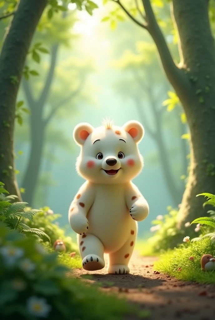 Make a animated white bear with brown spots all over it, walking in a lush green forest