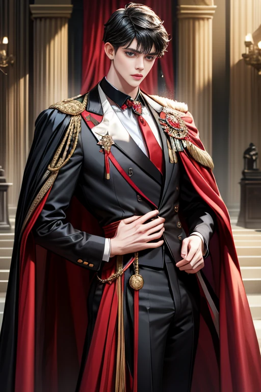 masterpiece, 最high quality, high quality, 1 boy, alone, Male focus, Watching the audience, Messy black hair, Adorable big blue eyes, White, Noble, Noble,A black and red cape that is bursting with sexy volume、Tuxedo、A very voluminous, large, very large, very large, long, long red and black cape with a high stand-up collar, made of a lot of fabric that reaches down to the floor., ,Cute beautiful boys,Cute, cute, kind, handsome guy