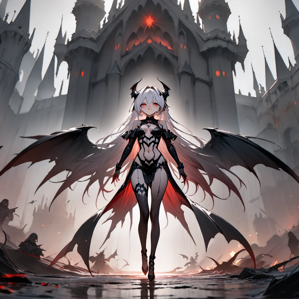 (masterpiece, highest quality, 16k) queen power armor , (gothic style), full body view , bellybutton, The most beautiful and sexy demon goddess, long white hair, glowing red eyes, wearing detailed black gothic battle armor, black angel wings, tattoos and piercings, gothic castle, perfect masterpiece, high quality, high resolution (hzk)