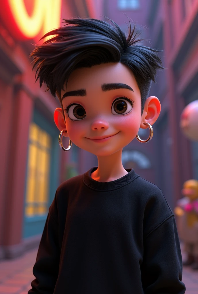 Disney Pixar Character, age 20 years, hoop earrings, short hair with quiff, Does not have a beard, dark haired, dark shaped eyes, wearing a black sweatshirt.