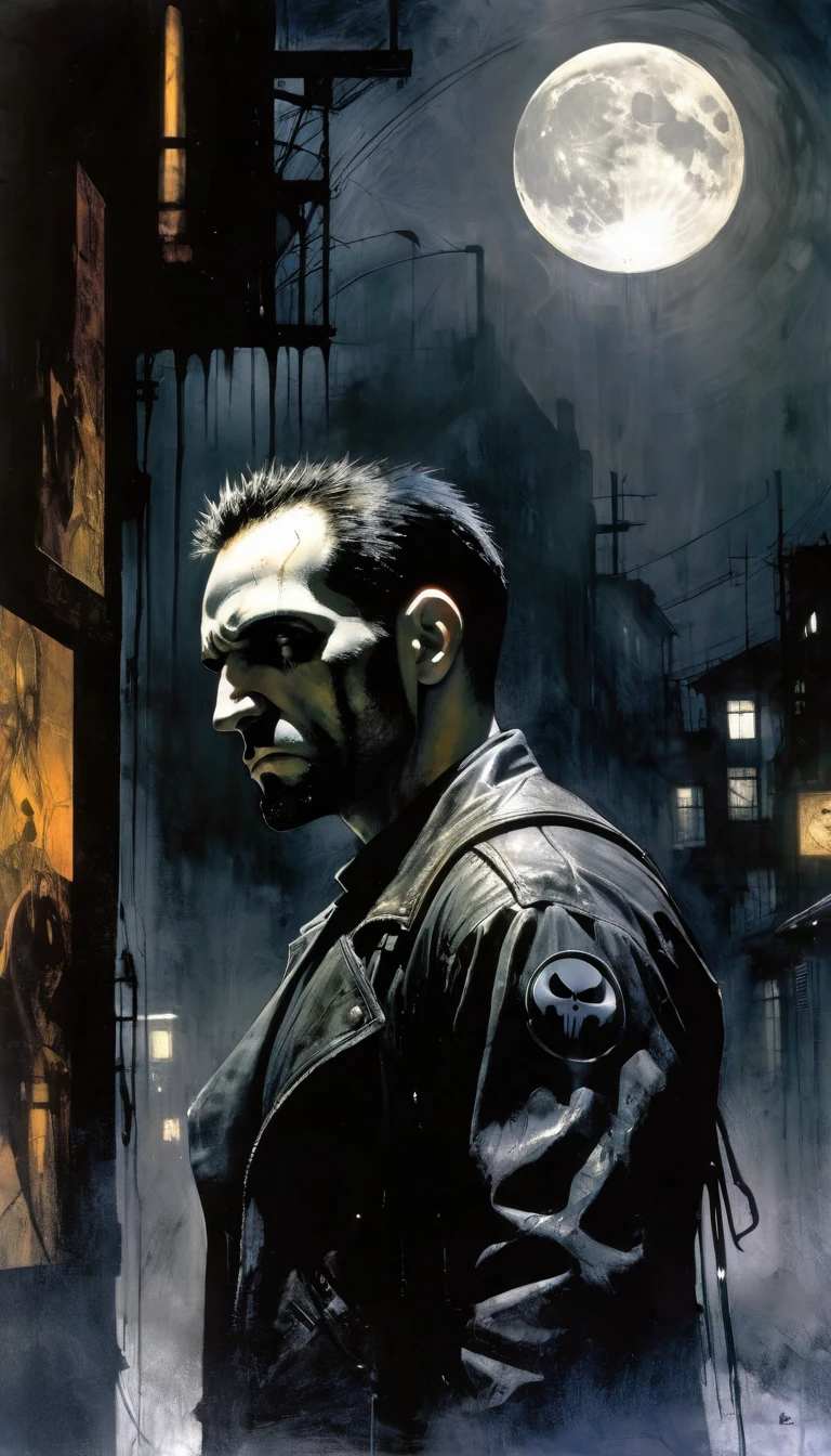 punisher,dark street, fog, moon, black and white image, between shadows, oil painting, chiaroscuro, dramatic lighting, photorealistic, intricate details, masterpiece, ultra-detailed, high quality, 8k, best quality, realistic, cinematic, dark and brooding, expressionistic, powerful composition, emotional impact, art inspired by Bill Sienkiewicz and Dave McKean
