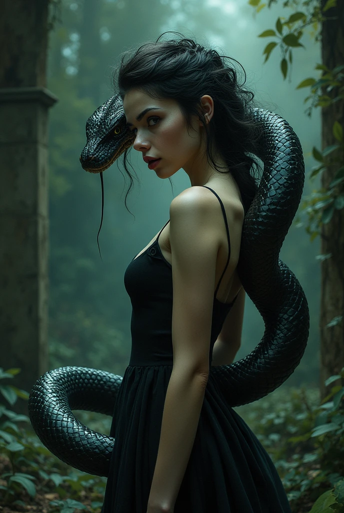 Draw a young woman, but intermix it with the features of a viper. Half young, half viper