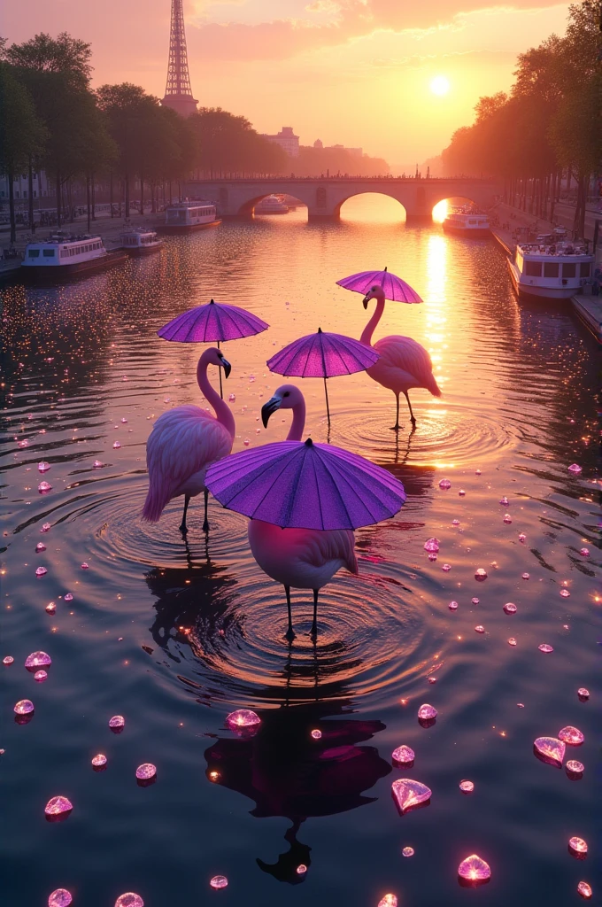 The Seine viewed from above, filled with diamonds and flamingos wearing violet umbrellas at sunset.