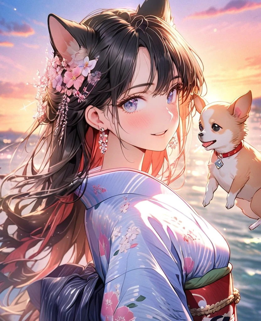 8k,Ephemeral beauty，Very delicate and beautiful,Beautiful and realistic skin,Small earrings that sparkle like jewels,Black Hair、Long and colorful hair,Beautiful Eyes,good,Beautiful sunset、dog(Chihuahua)Play with、dogクリーム色、yukata
