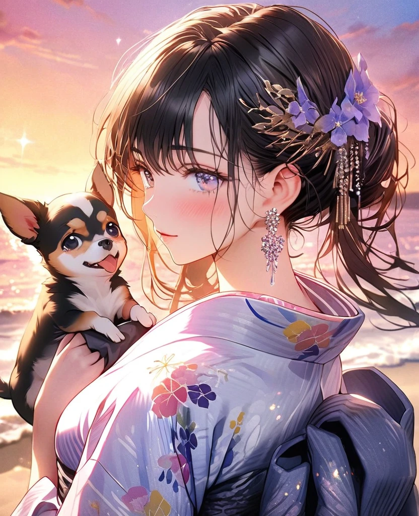 8k,Ephemeral beauty，Very delicate and beautiful,Beautiful and realistic skin,Small earrings that sparkle like jewels,Black Hair、Long and colorful hair,Beautiful Eyes,good,Beautiful sunset、dog(Chihuahua)Play with、dogクリーム色、yukata
