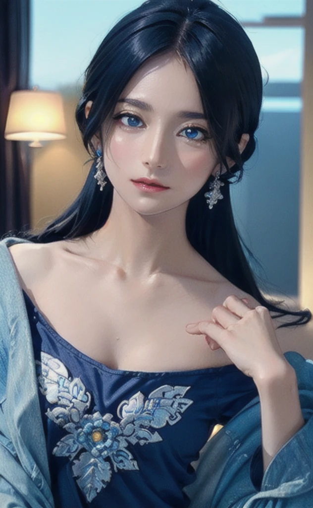 (masterpiece:1.4, Highest quality), (Intricate details), unity 8k wallpaper, Super detailed, beautifully、aesthetic, Perfect lighting, (One person), (Blue Hair, blue eye, Medium chest),, Dynamic pose, Dynamic Angle,  lipstick, slim, slim body, Medium chest, , Detailed Background, Realistic, alone, Face in perfect detail, detailed eye, Very detailed, blush, hair ornaments, rolling_eye, squint,