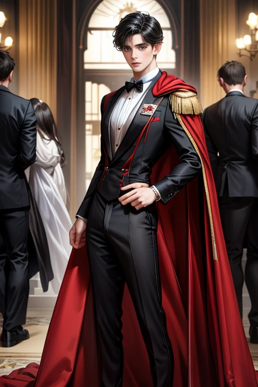masterpiece, 最high quality, high quality, 1 boy, alone, Male focus, Watching the audience, Messy black hair, Adorable big blue eyes, White, Noble, Noble,A black and red cape that is bursting with sexy volume、Tuxedo、A very voluminous, large, very large, very large, long, long red and black cape with a high stand-up collar, made of a lot of fabric that reaches down to the floor., ,Cute beautiful boys,Cute, cute, kind, handsome guy